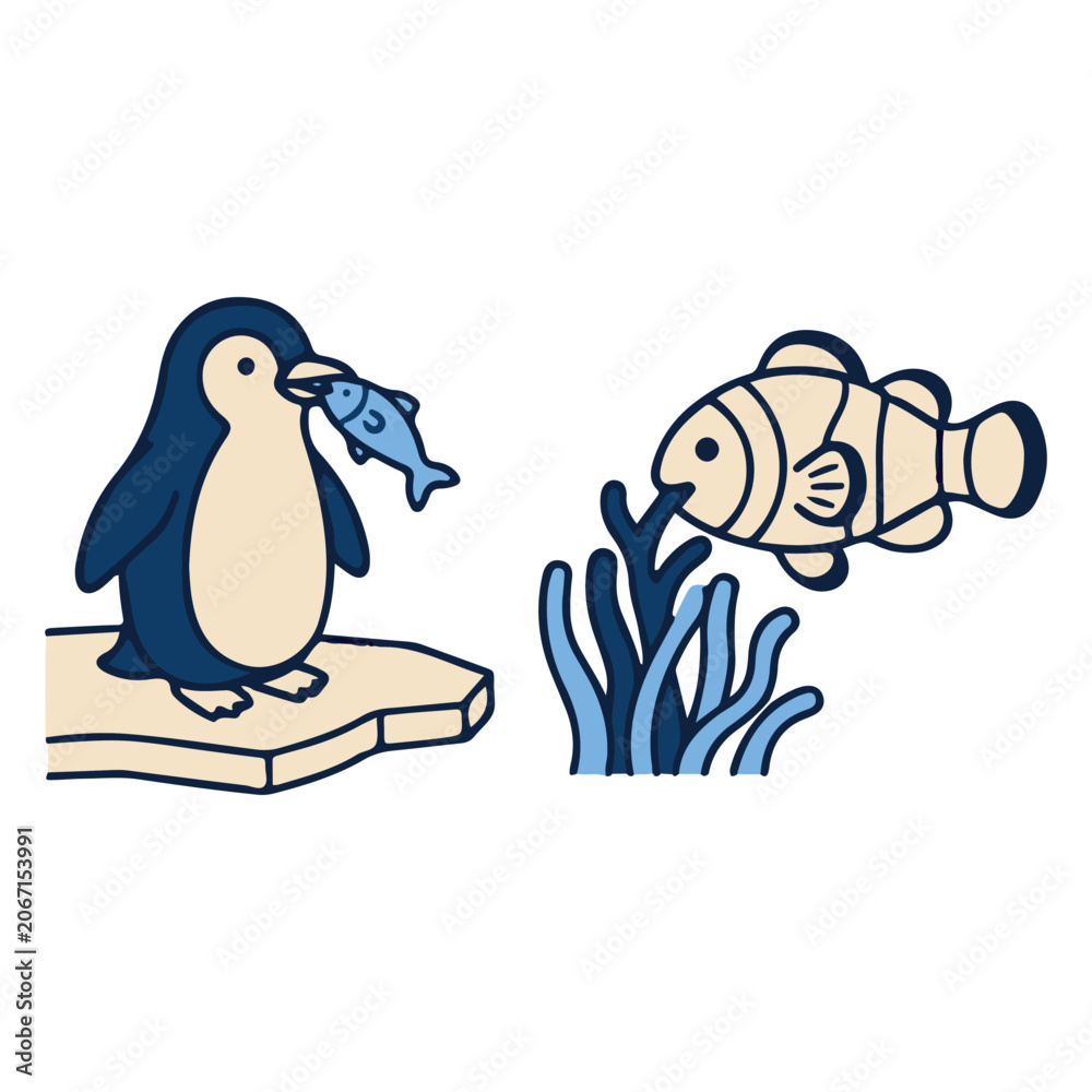 Fototapeta premium Marine Wildlife Animals with Cute Penguin on Ice and Clownfish Eating 