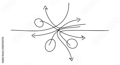 Abstract concept of convergence and divergence with arrows and circles on white background