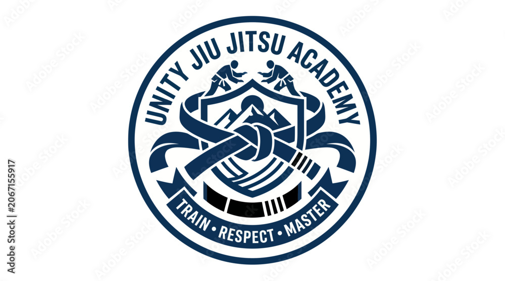 Fototapeta premium Jiu jitsu academy emblem with grappling figures and martial arts belt