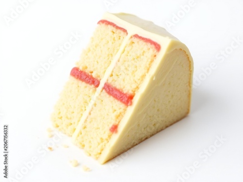 A slice of layered vanilla cake with strawberry filling and cream frosting