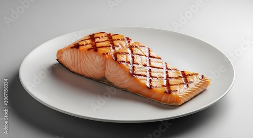 Perfectly grilled salmon fillet with appetizing char marks served on a simple white plate, showcasing a healthy and delicious meal option