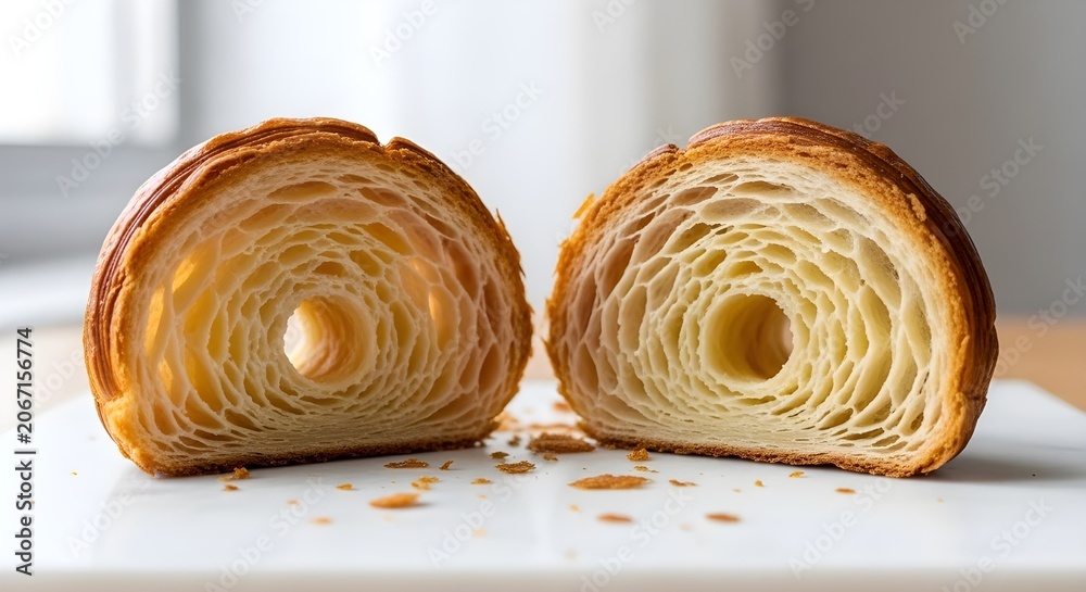 Fototapeta premium Freshly Baked Flaky Croissant Cut in Half Displaying Interior Honeycomb Texture Layers