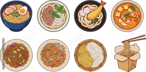 Asian Noodle Dishes Vector Icon Set Featuring Japanese Ramen, Vietnamese Pho, Udon with Tempura, Tom Yum, Pad Thai, and Takeout Box for Restaurant Menus