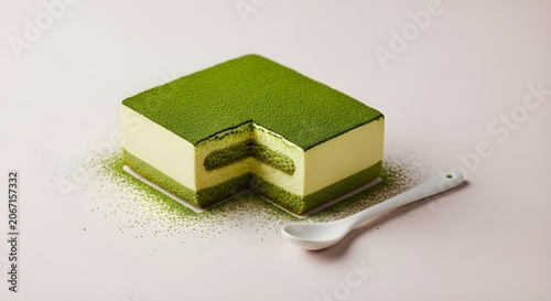 Minimalist Square Matcha Tiramisu Cake with Green Tea Powder Dusting and White Ceramic Spoon