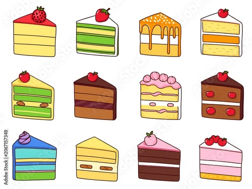 Delightful assortment of twelve stylized cake slices with various toppings and flavors