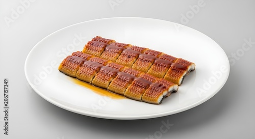 Delicious grilled eel on a white plate, a close-up shot of a savory Japanese dish