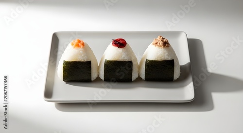 Assorted Japanese Rice Balls with Toppings Served on a Minimalist Ceramic Plate Under Natural Light