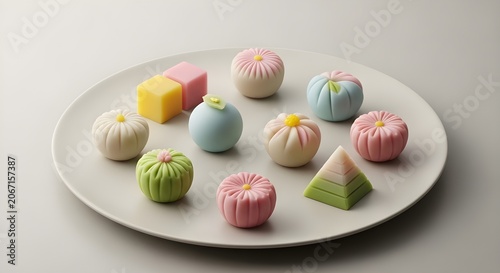 Assortment of Traditional Japanese Wagashi Sweets Arranged on a Minimalist Ceramic Plate