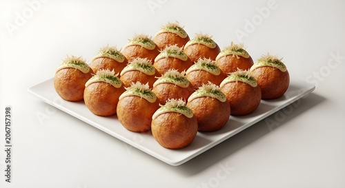 Golden Round Takoyaki Dumplings Arranged on a Square Plate for a Delicious Appetizer Presentation