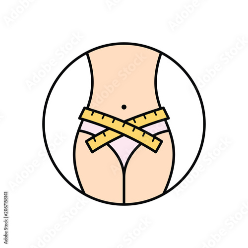 Waistline with measuring tape vector icon. Weight loss, Slimming and fitness body transformation icon.