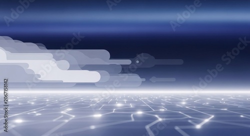 Abstract Digital Network Connections with Glowing Grid and Cloud Data Streams