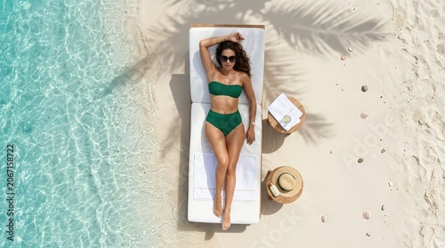 Aerial View of Woman in Green Bikini Sunbathing on Lounge Chair on Tropical Beach by Turquoise Sea