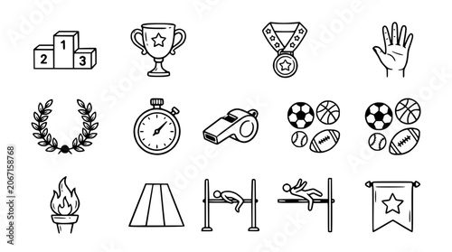Sports Icons Set: Victory, Competition, Achievement, Fitness, and Games