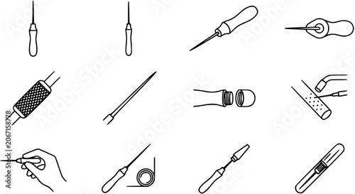 Foto Crafts and DIY Hand Tools: Awls, Needles, and Puncturing Instruments Black and White Line Art Outline Icons