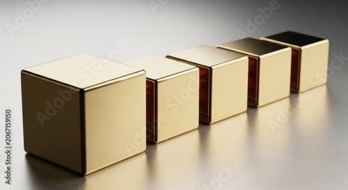 Golden Geometric Cubes Arranged in a Sleek Metallic Row