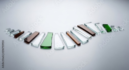 Curved arrangement of clear and colored glass shards