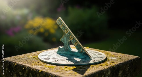 Antique Brass Sundial Measuring Time in a Lush Garden