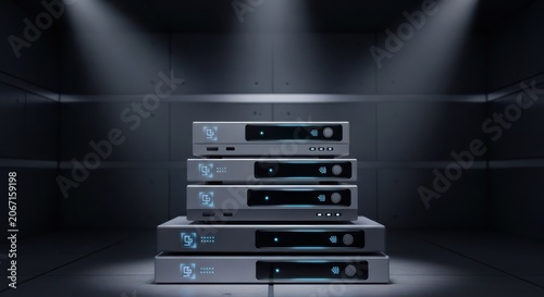 Stacked Silver Audio Components with Blue LED Illumination