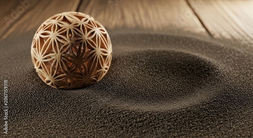 Carved Geometric Ornament on Textured Surface with Wood Background