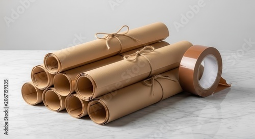 Kraft Paper Rolls Tied With Twine Stacked On Marble Surface