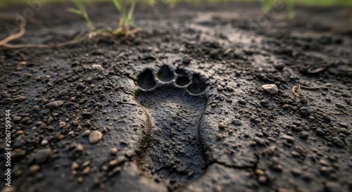 Bear pawprint embedded in muddy ground, revealing wildlife presence