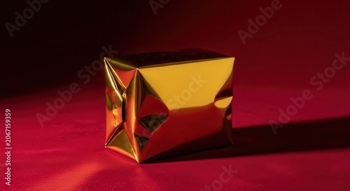 Shiny gold foil wrapped gift box with soft red background