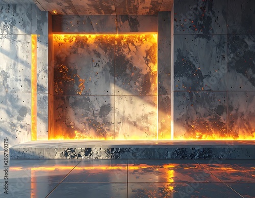 A futuristic room with a glowing orange-lit recessed area