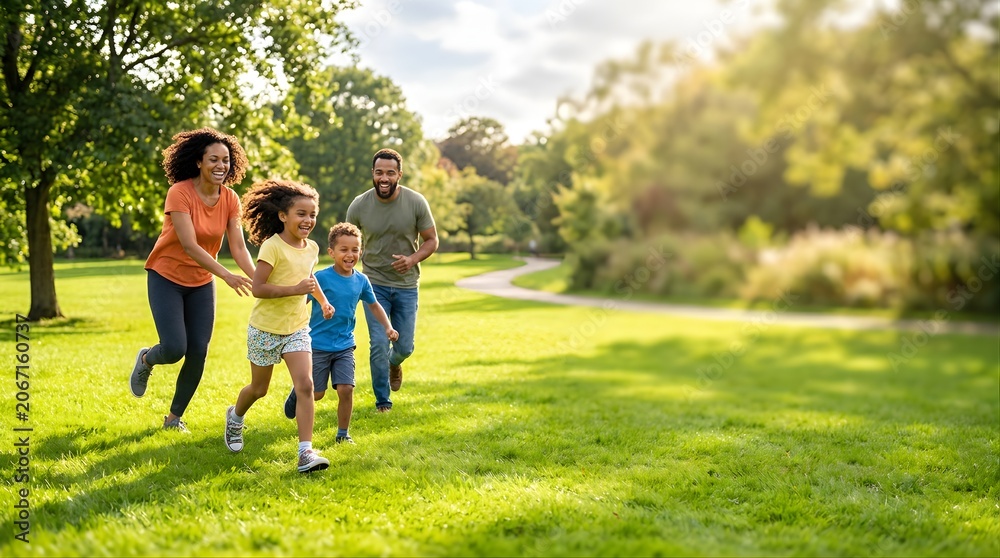 Fototapeta premium Happy African American family running together in a sunny park lawn