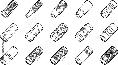 Fotografía Isometric Black  White Line Art Vector Set of Handle Grips for Bicycles, Motorcycles, and Tools, showcasing various industrial and sports designs