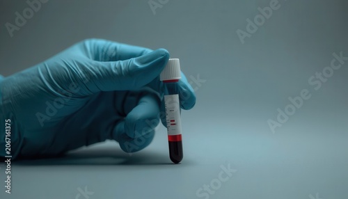 Medical Test Tube in Gloved Hand: A close-up shot features a gloved hand holding a blood sample test tube, symbolizing medical research and laboratory testing.