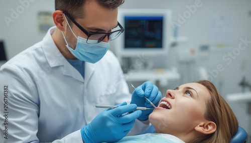 Dental Check-up: A dentist wearing mask and gloves performs a routine dental examination on a female patient in a modern dental clinic, highlighting oral healthcare and professional medical service.