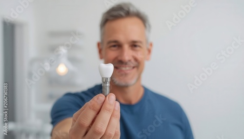 A Tooth Implant and a Smile: A smiling middle-aged man proudly holds up a dental implant in his hand, representing modern dental care and tooth restoration.