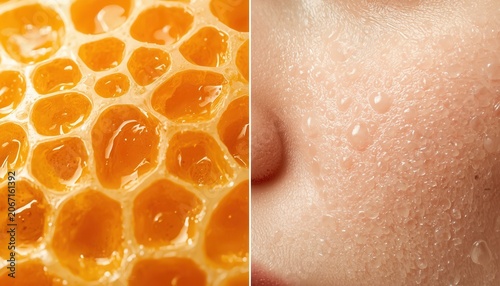 Citrus Fruit Cells and Sweaty Skin Close-Up: A macro view displays the intricate cellular structure of a vibrant citrus fruit, juxtaposed with a close-up of human skin glistening with sweat.
