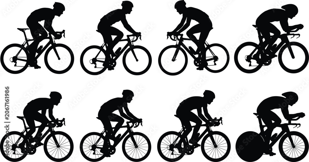 Obraz premium Road Cycling Silhouette Collection Featuring Competitive Cyclists and Racing Bicycle Poses