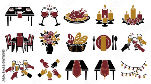 Illustration depicting various elements of celebratory dinner parties and gatherings featuring food decor and social interaction