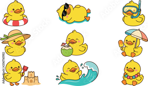 Cute Kawaii Summer Duck Vector Icon Set Featuring Yellow Rubber Ducks Relaxing at the Beach with Swim Ring, Sunhat, Sunglasses, and Coconut Drink For Kids