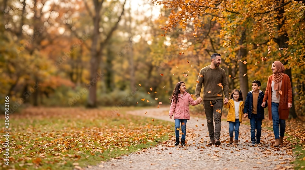 Fototapeta premium Happy family walking in park during autumn with falling leaves
