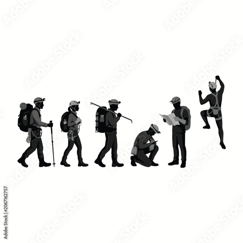 Bilde på lerret Mountaineers Silhouette Vector Illustration With Backpacks And Climbing Gear