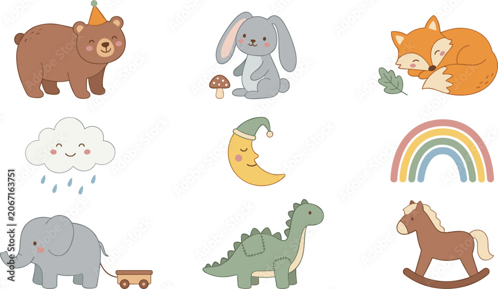 Obraz premium Cute Woodland and Nursery Animal Vector Icon Set with Bear, Bunny, Fox, Elephant, Dinosaur, Rainbow, Moon, and Cloud Elements for Kids Nursery Decor