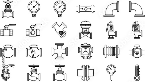 Tableau sur toile Industrial Engineering Piping Equipment Line Art Icons: Valves, Gauges, and Fittings for Process Control