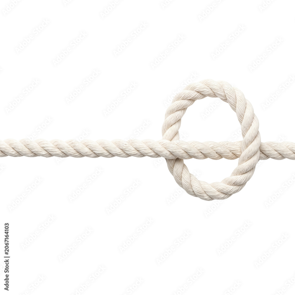 Fototapeta premium Close-up of a thick white rope tied in a perfect circle knot on a white background.