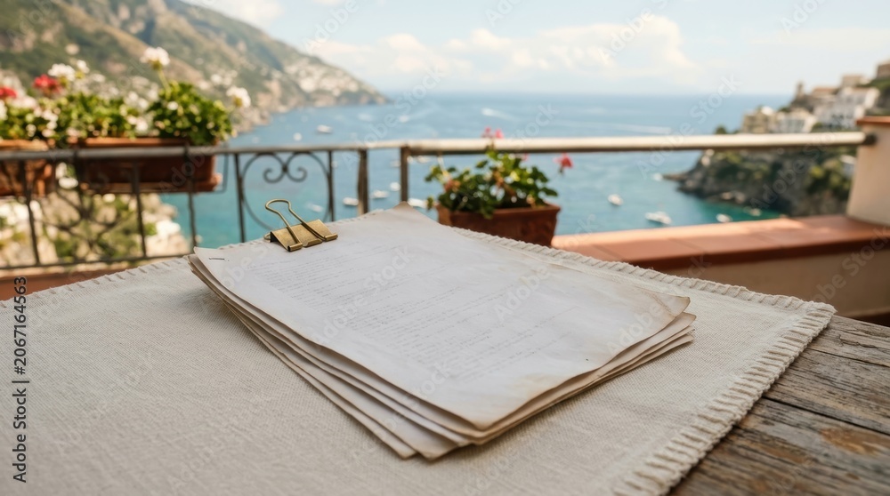 Fototapeta premium Serene Balcony View with Potted Plants and Ocean Horizon.