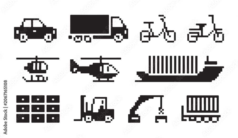 Fototapeta premium Logistics and shipping transport pixel icon collection for delivery cargo freight and vehicles.