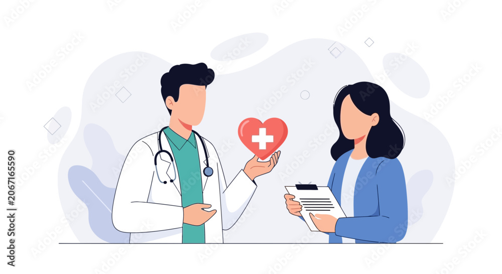 Fototapeta premium Doctor Holds Heart with Medical Symbol, Patient Consults Chart - Modern Healthcare Illustration