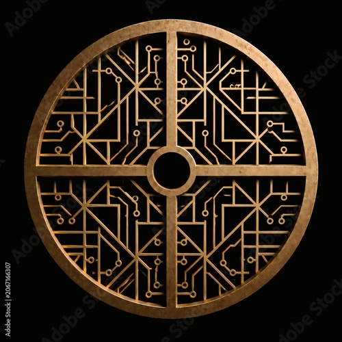 Luxury Japanese Kumiko Circuit Crest with Geometric Technology Pattern on Black Background, Elegant Gold Tech Ornament Design, Generative AI