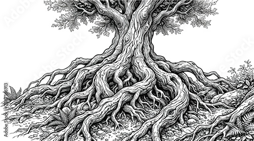 Obraz na plátně Vintage oak tree roots engraving, detailed black and white botanical illustratio