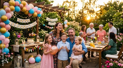 A joyful multigenerational family is gathered in a backyard.