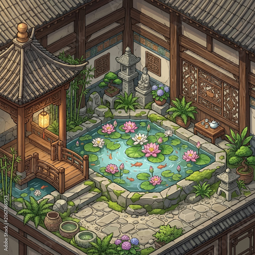 Foto Asian Style Garden Pond with Flowers.