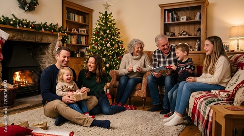 A family gathers in a cozy living room decorated for Christmas.