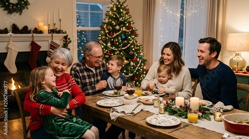 A family gathers in a cozy living room decorated for Christmas.
